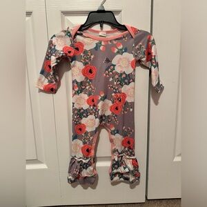 Grey pink floral baby girl snap closure ruffle bell bottom pj outfit